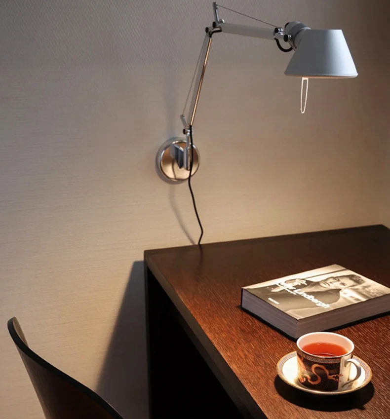 Long Arm Wall Lamp Silver Black Metal E27 Bulb Switch