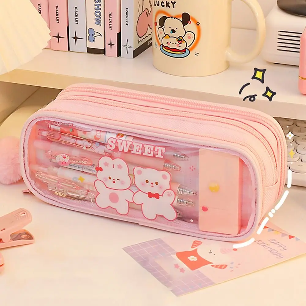 Imagem -02 - Estojo de Lápis Transparente Pvc dos Desenhos Animados Três Camadas Grande Capacidade Kawaii Bolsa Papelaria Coreano Bonito Bolsa de Estudante