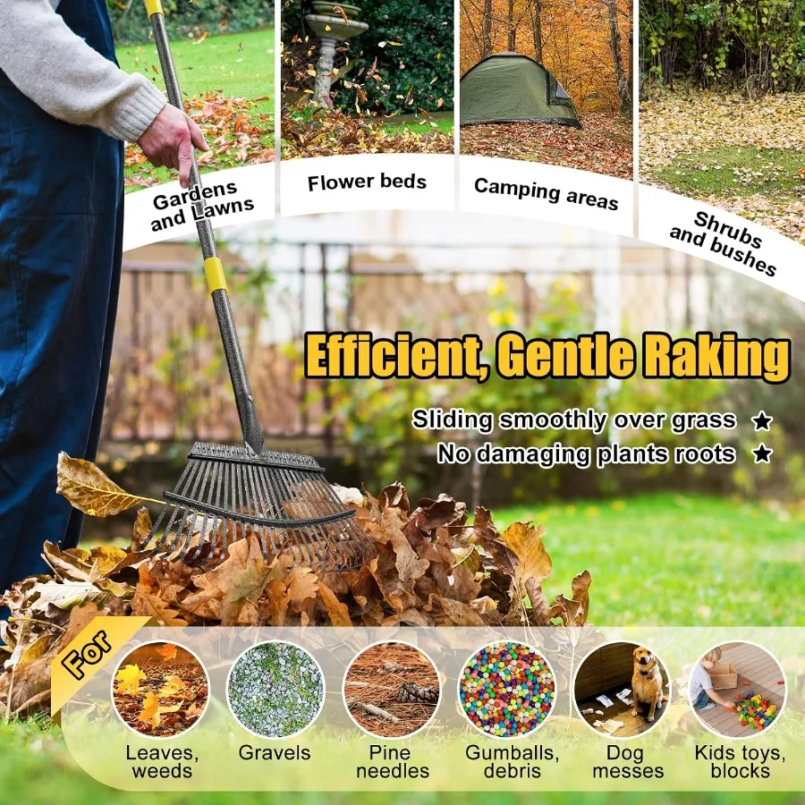 頑丈なガーデンレーキで効率的な落ち葉やゴミの掃除：18インチ幅の金属製レーキ、65cm調節可能なハンドル、25歯のデザイン