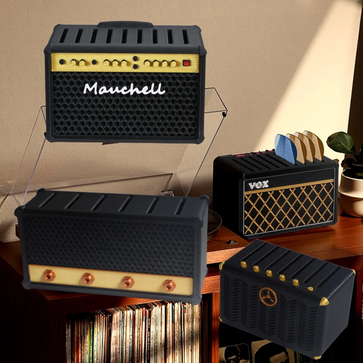 Soporte para púas de guitarra, soporte para púas de altavoz con amplificador impreso en 3D/diseño en forma de altavoz para guitarristas y amantes de la música, caja de almacenamiento