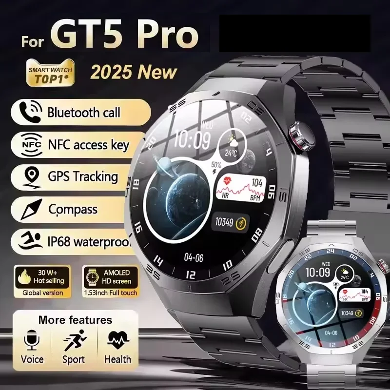 

Новинка 2025 года, умные часы GT5 Pro, мужские AMOLED-экраны, GPS, траектория движения, монитор сердечного ритма, Bluetooth-вызов, умные часы, водонепроницаемый ремешок