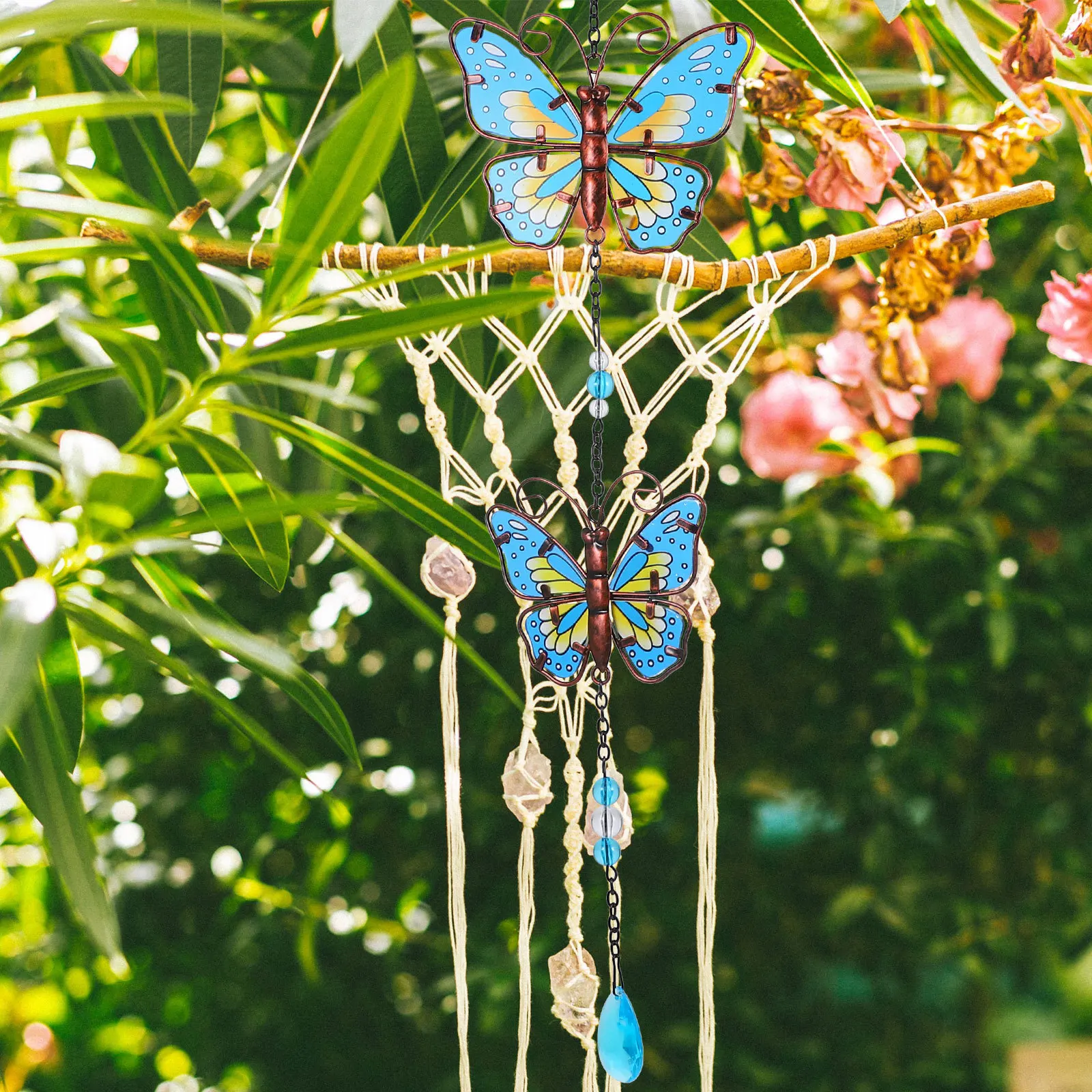 

Glass Painted Iron Double Butterfly Hanging Outdoor Decor Durable Garden Ornament Dynamic Effects Butterfly