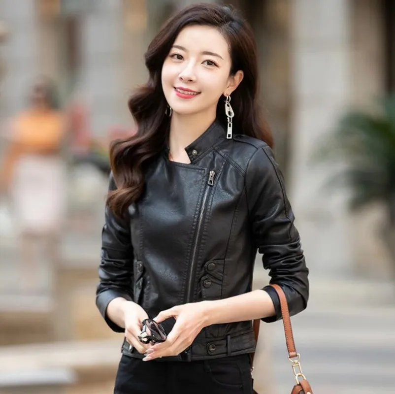 2023 New Women Genuine Leather Jacket Autumn Winter Fashion Moto&Biker Style Outerwear Stand Collar Short Sheepskin Coat