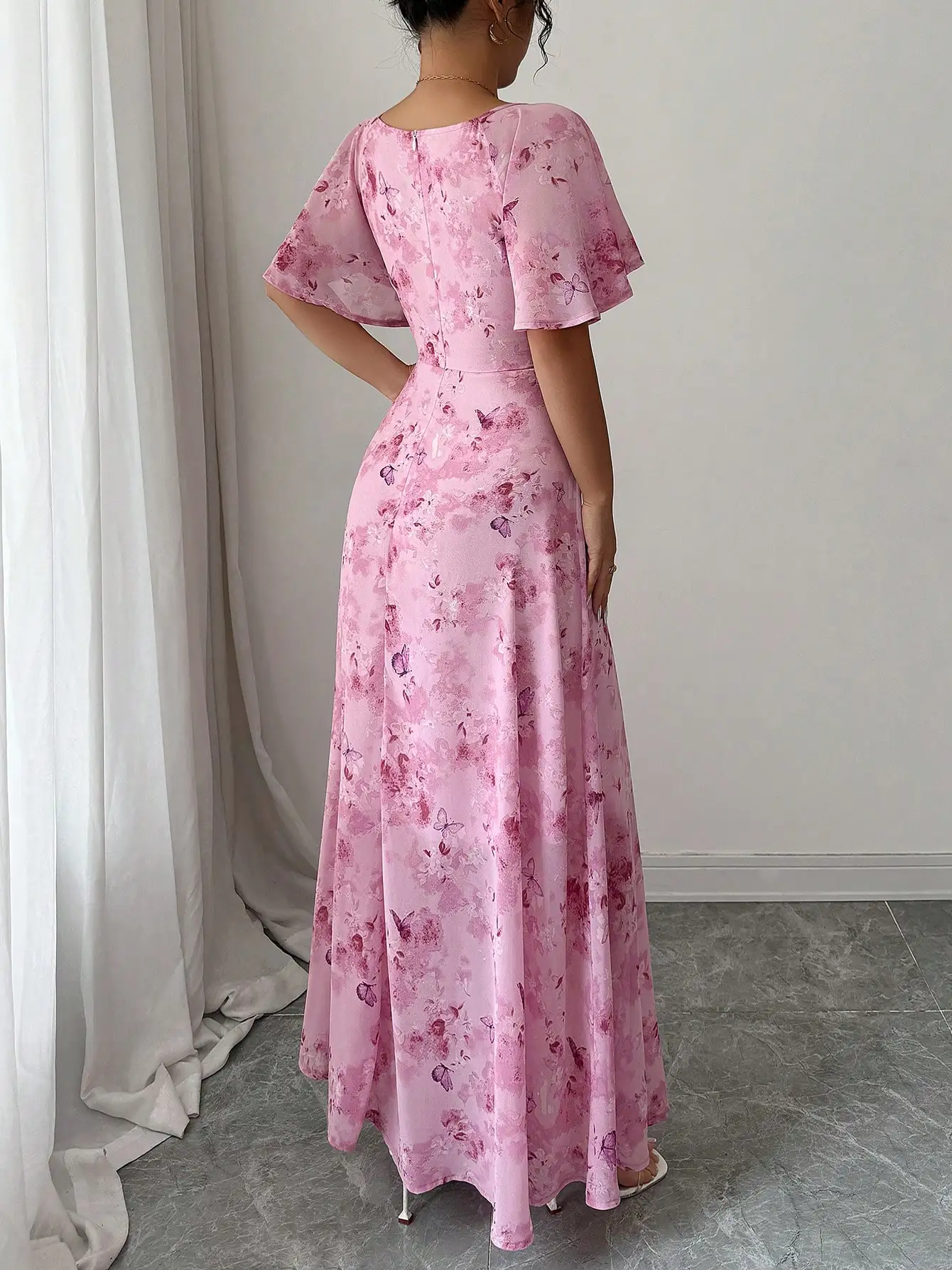 

Women's Chiffon Butterfly Print Batwing Sleeve Pleated Square Neck Maxi Dress