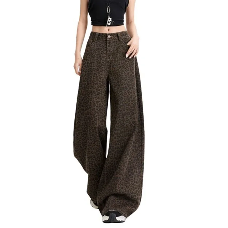 Casual High Waist Wide Leg Leopard Print Jeans Women Easymatch Korean Retro Streetwear Washed Baggy Denim Jeans Outfit