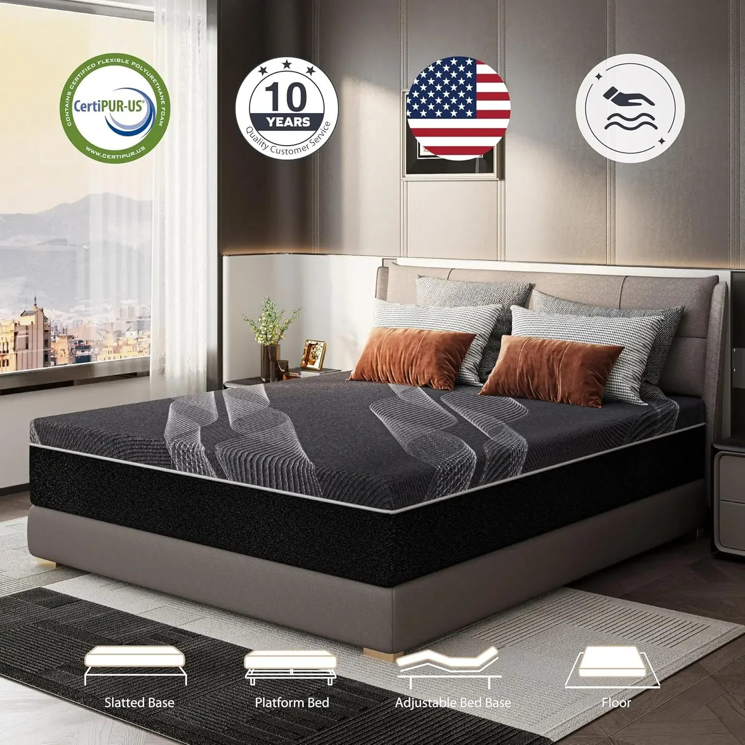 Mattress 12 Inch Charcoal Memory Foam Mattress in a Box, US Certified, Fiberglass Free, Cooling Gel Double Mattress, Made