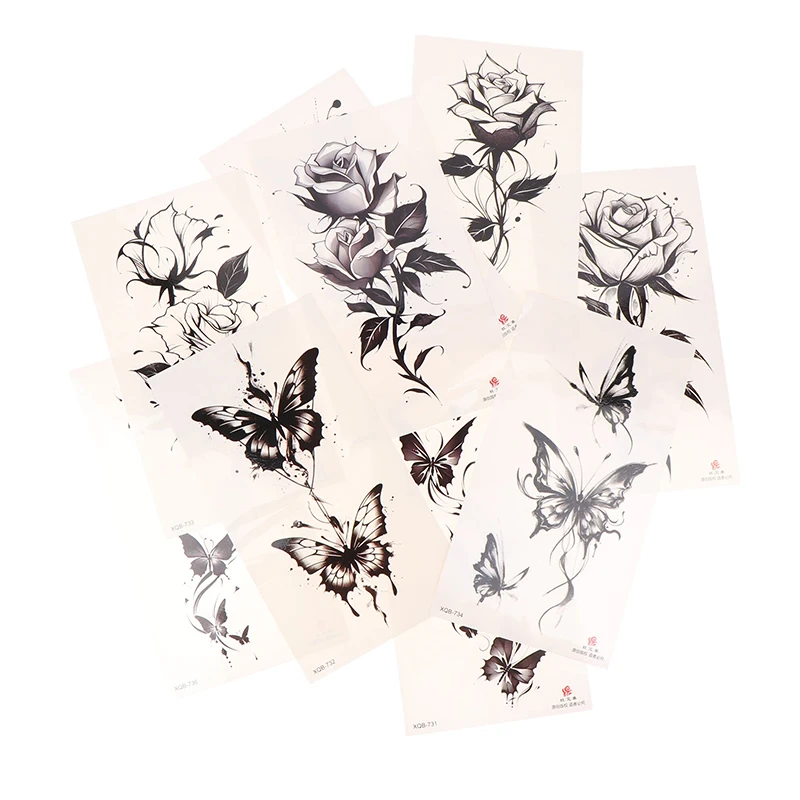 

Black Flower Waterproof Temporary Tattoo Sticker Beauty Butterfly Rose For Women 3D Flash Body Arm Art Washable Fake Tattoos
