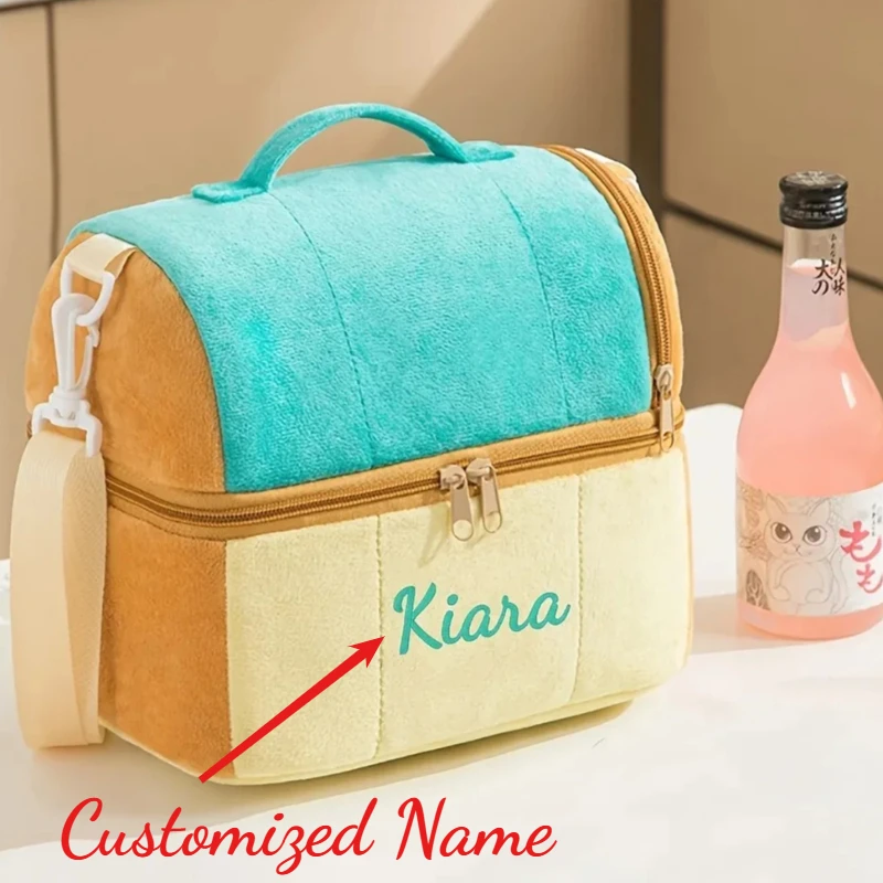 Embroidered Name Toast Bento Bag Double-Layer Cooler Bag with Anti-Dirty Hand Portable Thermal Pouch for Picnic Daily Use Unisex
