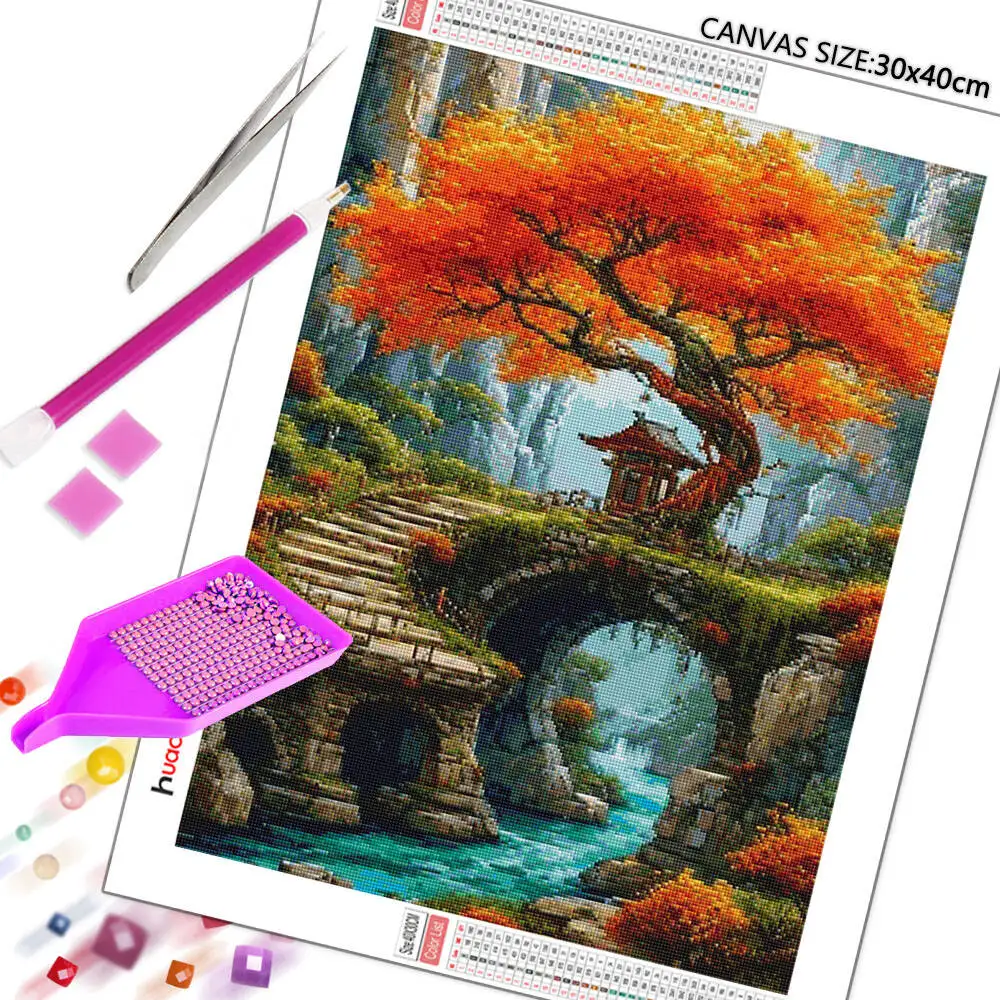 Huacan Beautiful Scenery DIY Diamond Painting Bridge River Mosaic Art Tree Embroidery Kits Home Wall Decoration