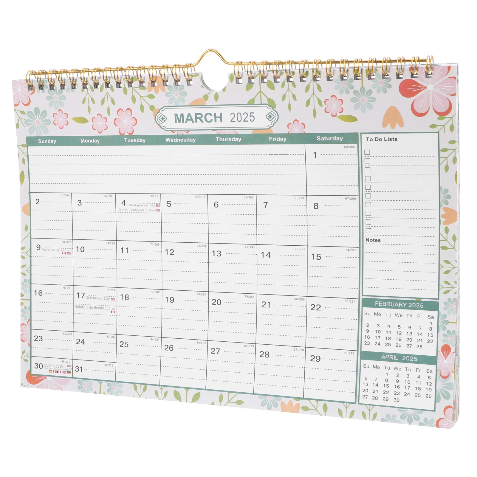 

18pcs 2025 2026 Calendar Floral Design Wall Hang Monthly Large Blocks Holidays Daily Planner Spiral Binding Thick Paper Office