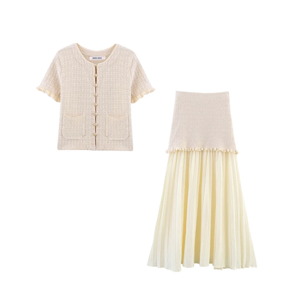 

Round Neck Short Sleeves Short Cardigan High Waist Splicing Wide Pleated Edge Long Skirt Women Elegant Suit Set New