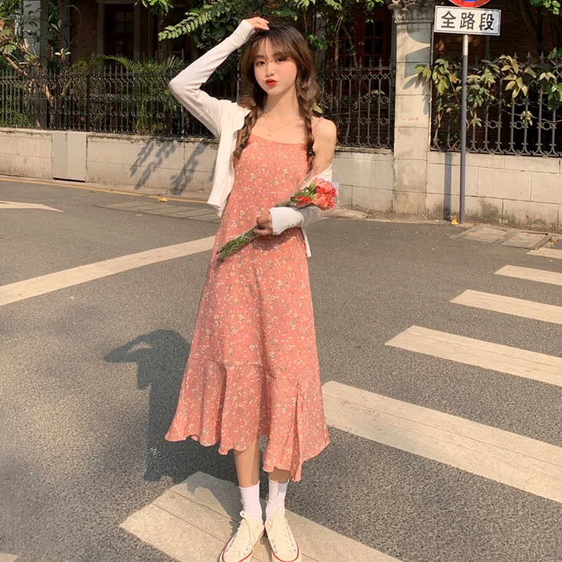 Floral Print Sweet Dresses for Women 2023 Summer Fresh Elegant Chiffon French Open Fork Casual Kawaii Retro Cottagecore Dress