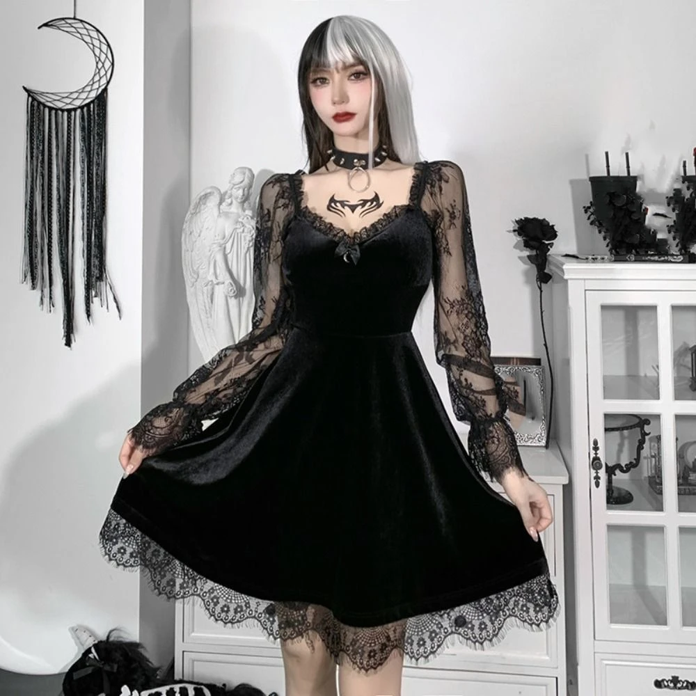 Minivestido transparente de manga larga con volantes para mujer, vestido Vintage de retazos con adornos de encaje, ropa de calle flocada, vestido gótico Y2k