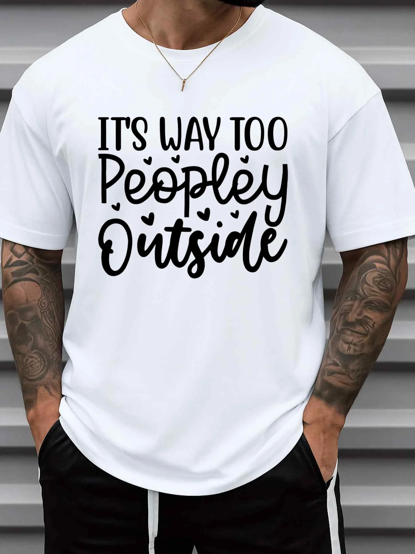 Too Many People, Funny Humorous Men's T-Shirt, White, Round Neck, Short Sleeves, Comfortable Loose Fit, Hip-Hop Street Style, Perfect for Daily and Weekend Wear, Casual and Suitable for All Seasons, Digital Heat Transfer Printing, Greenink