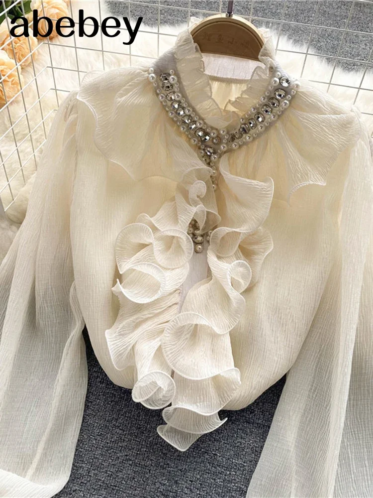 French Elegant Shirts Women Design Diamonds Loose Casual Tops Long Sleeve Ruffles Gentle Office Lady Blouses Spring