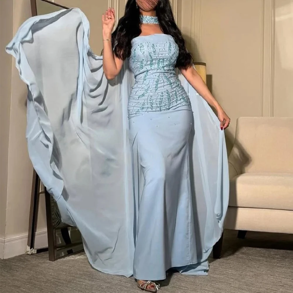 

Light Blue Mermaid Beaded Evening Dress Strapless Sleeveless with Chiffon Shawl Floor Length Customized Saudi Party Gowns