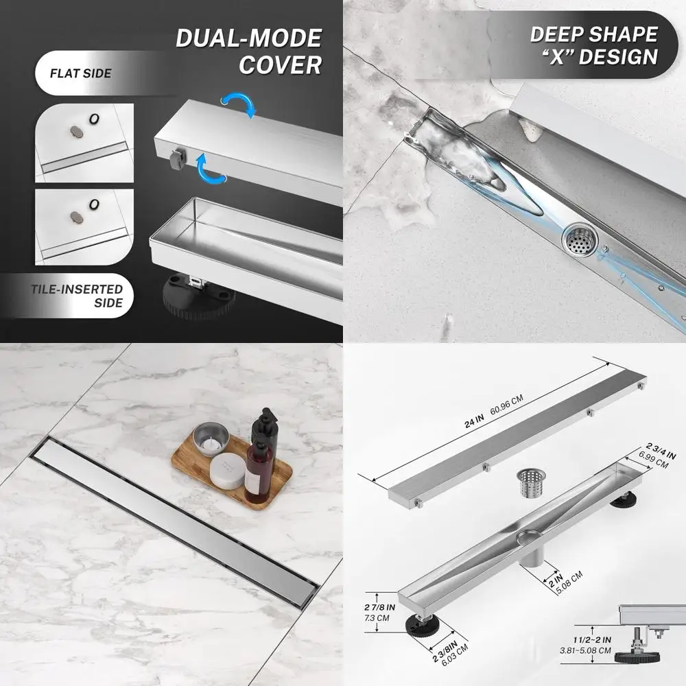 

24 Linear Shower Drain with Dual Flat & Insert Covers, Hair Strainer, Leveling Feet - Brushed Nickel