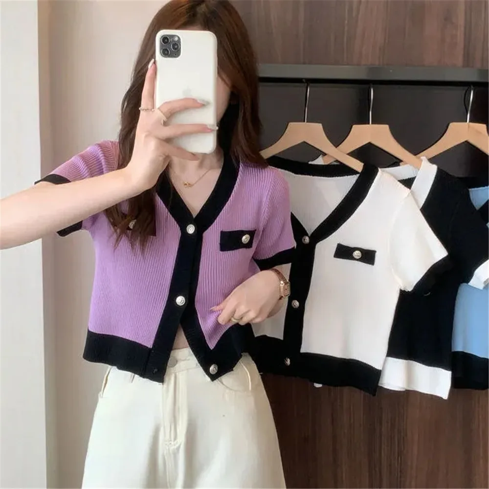 Y2k Summer V-neck Knitted Shirt Women High Waist Thin Open Short Shirt Trendy Small Exposure Ice Silk Top Casual Clothing Blouse