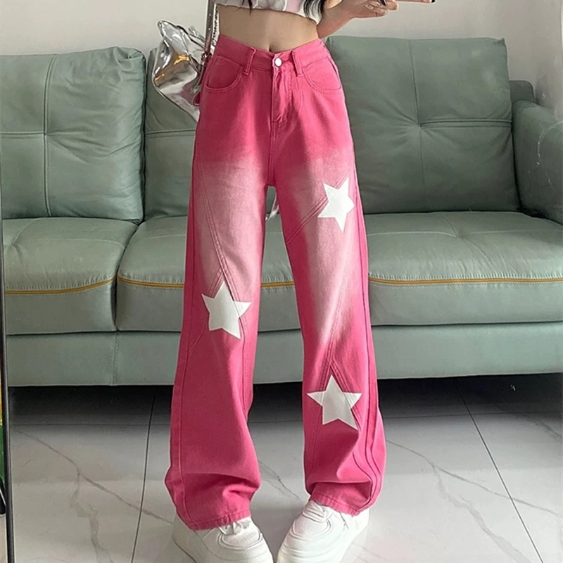 Women's Vintage Drawstring Denim Pants, Pink Baggy Jeans, American Style, Star Printing, High Waist Trousers, Y2k