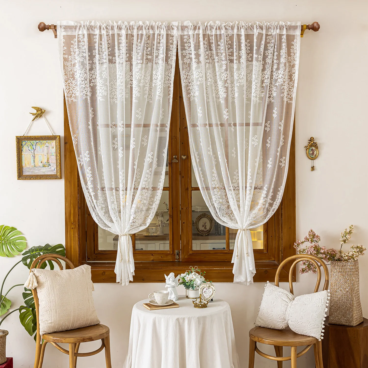 

American White Lace Window Screen, Warp Knitted Curtains, Transparent Curtains, French Style Curtain for Living Room and Bedroom