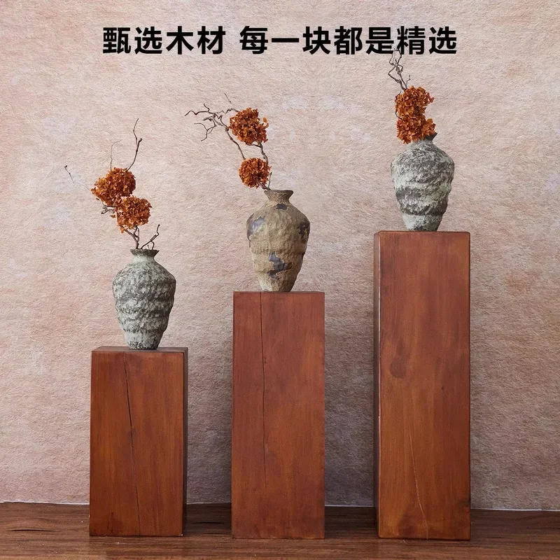 Vintage Wabi Sabi Style Square Solid Wood Flower Stand Indoor Floor to Ceiling Plant Display Rack Wooden Base for Home Hotel