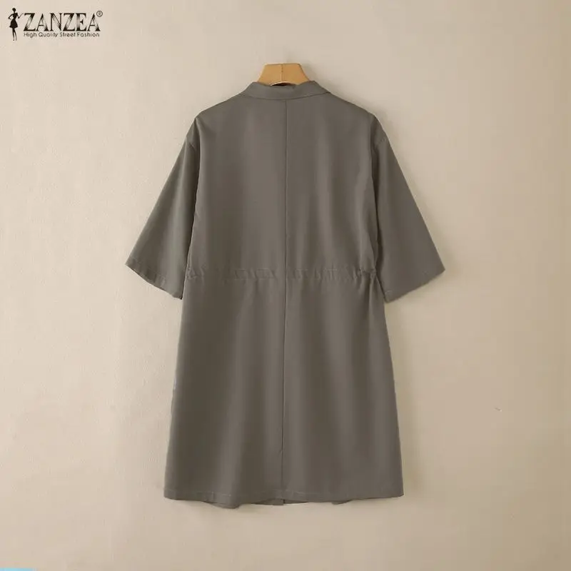 ZANZEA Women's Short Sleeve Mini Dress Cargo Turn-Down Collar Button Up Short Dresses Summer Casual Drawstring Waist Robes Femme