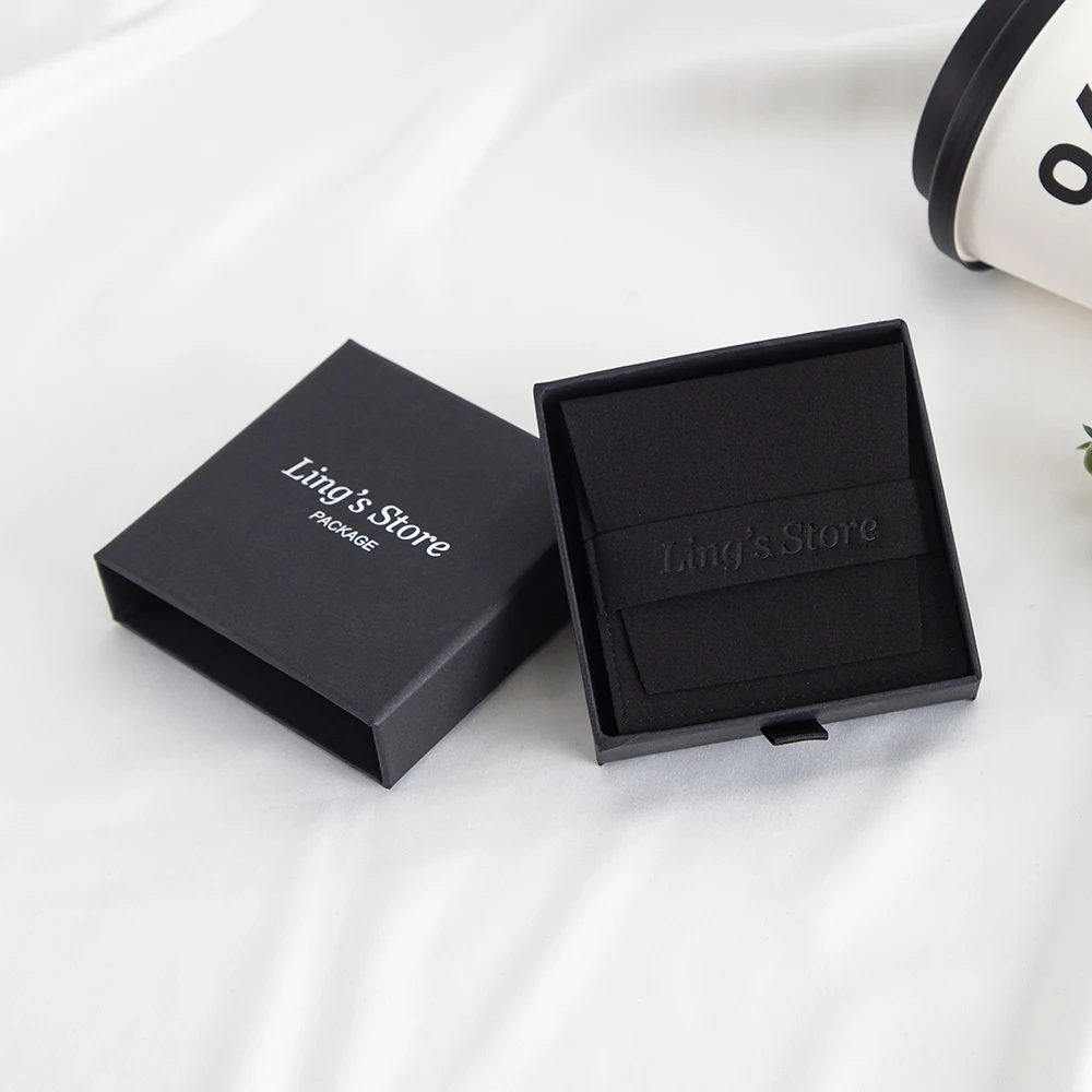 100Pcs Lovely Custom Logo Black Mini Drawer Boxes with 8x8cm Black Microfiber Packaging Bags Earring Wedding Gifts Storage Sack