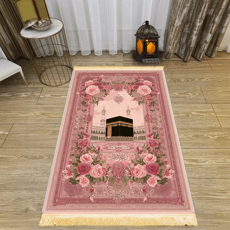 VIKAMA Muslim Prayer Rug with Pink Heart Print, Islamic Design Foldable Travel Mat, Washable And Portable For Salah, Eid, Hajj
