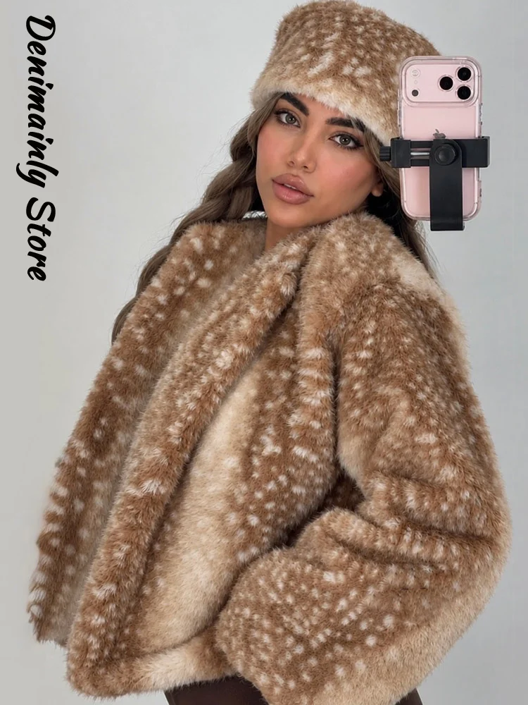 Vintage Women's Deer Printed Faux Fur Coats With Hat O-neck Full Sleeve Cropped Coat 2026 Autumn Winter Lady Warm Plush Jackets