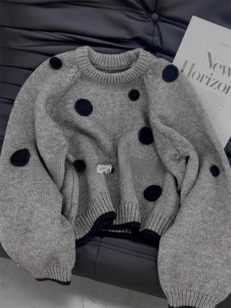 

Gray Polka Dot Knit Sweater Women's Thickened Spring New Style Korean Retro Lazy High-End Feeling Overhead Long Sleeve round ...