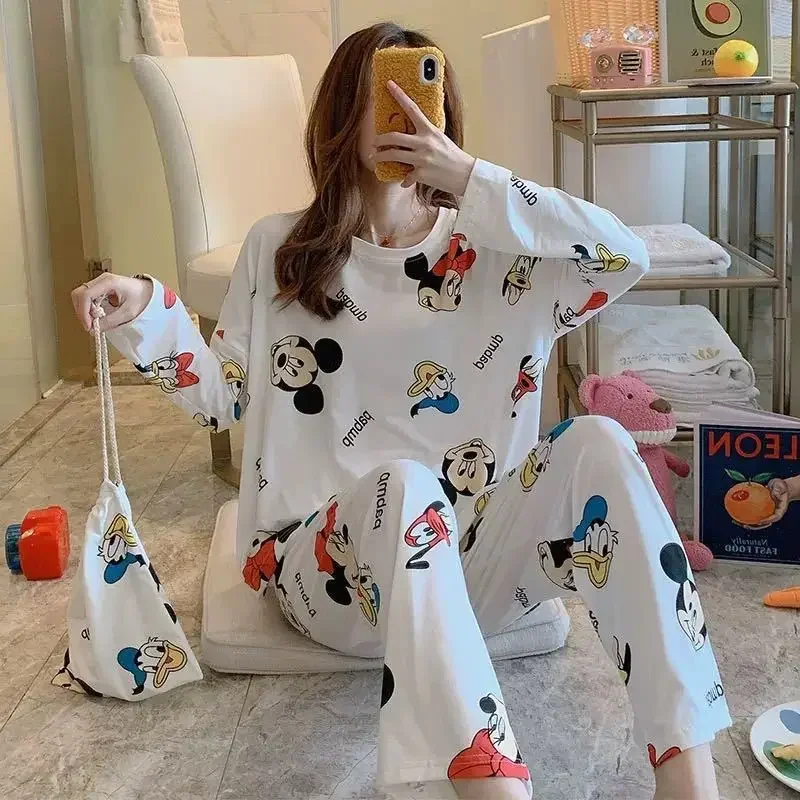 Disney Mickey Mouse Pajama Set Sleepwear Cartoon Anime Long Sleeved Shirt Pants Women Spring Autumn Warmth Tops Homewear Suit