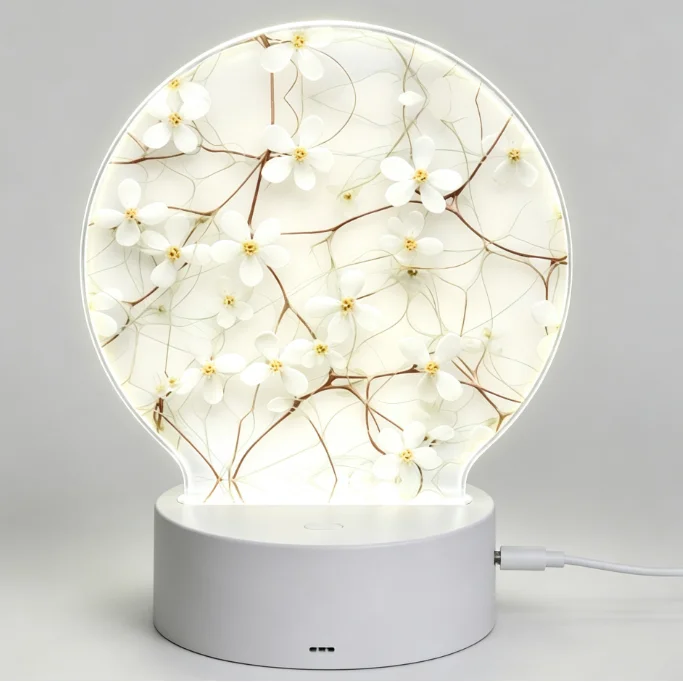 PHAYAH White Flower Pattern Round Acrylic USB Night Light Room Light