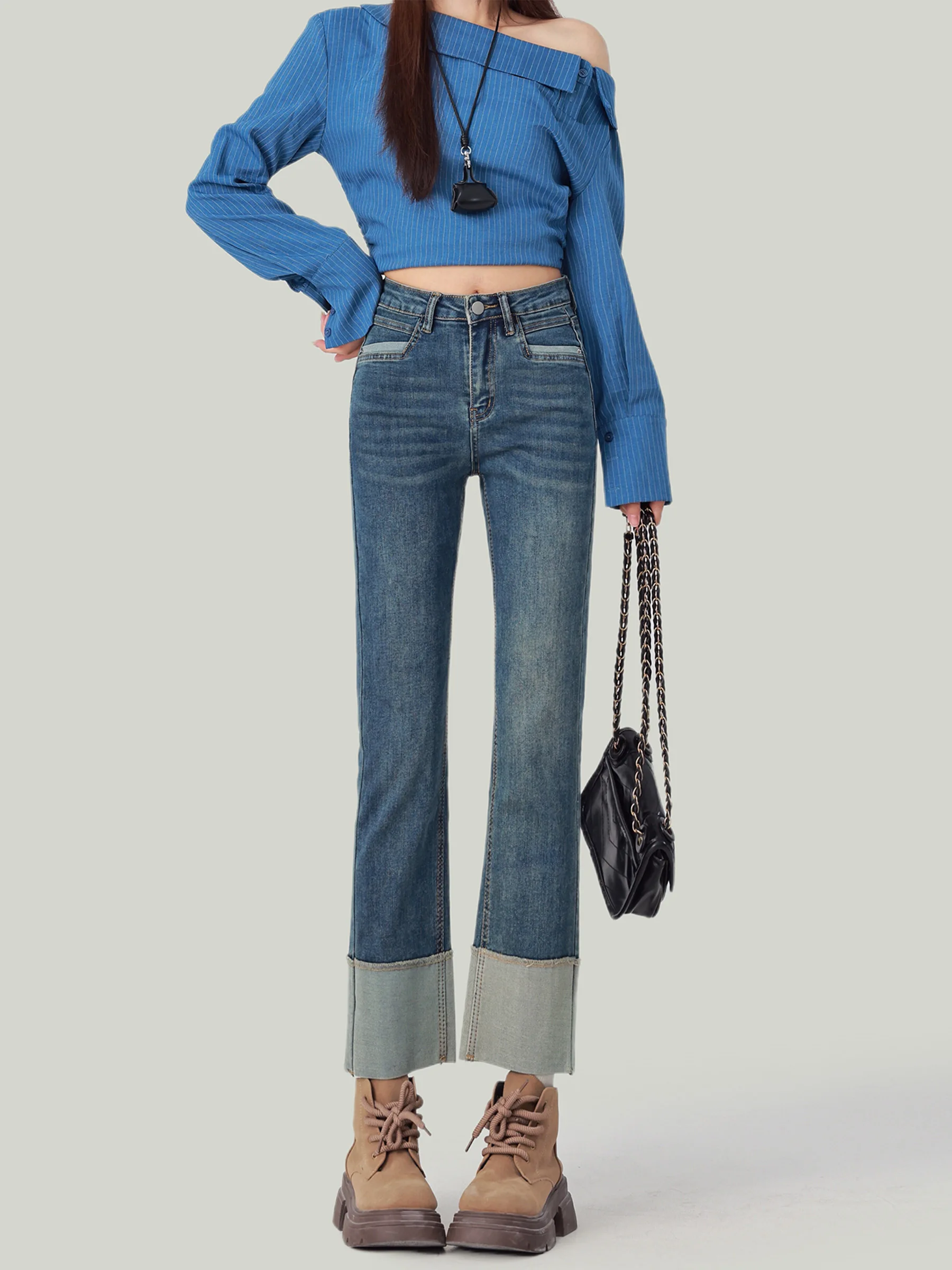 American Retro High Waist Straight Leg Jeans Women's New Style Slimming Tall Narrow Version Cuffed Smoke Tube Pants