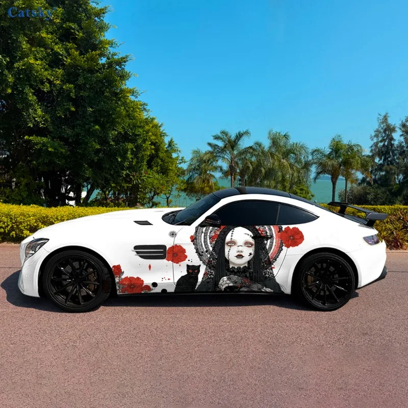 Horror Girl Cat Doll Car Vinyl Wraps Decal Self-adhesive PVC Sticker Suitable for Trucks SUV Decoration Auto Accessories Gift