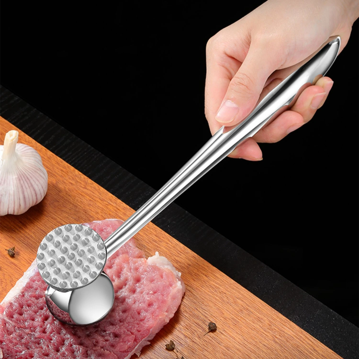 

Solid Pure 304 Stainless Steel Kitchen Meat Hammer 2 Side Nails Steak Tenderizer Ergonomic Handle and Head Kitchen Pounder