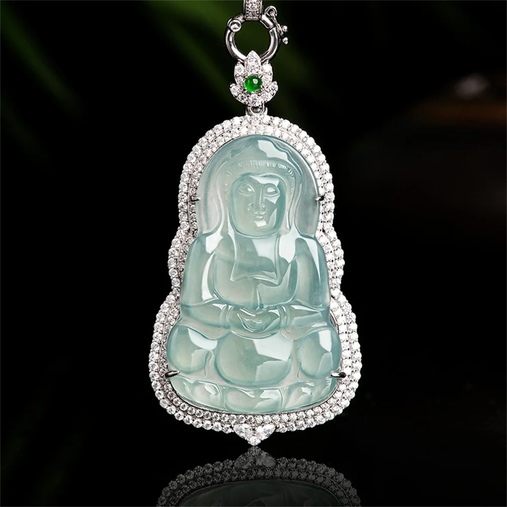 

925 Silver Natural Ice Jadeite Carved Crystal Gem GuanYin Lucky Pendant Amulet Necklace Certificate Luxury Jade Vintage Jewelry