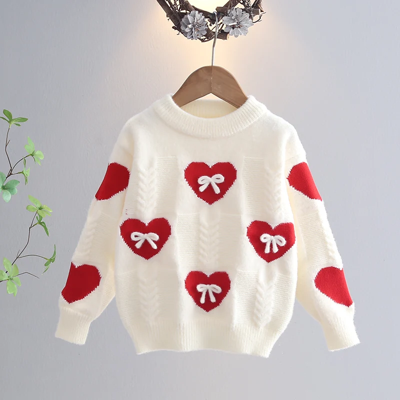 Heart Pattern Imitation Faux Mink Fleece Kids Sweater Classic Cable Knit Warm Pullover Jumper with Bow-tie Girls Clothes JY07291