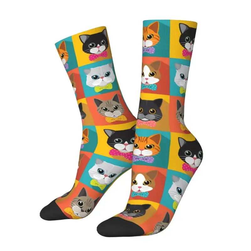 Custom Kawaii Printing Funny Cats Heads  Pattern Socks for Women Men Stretchy Summer Autumn Winter Crew Socks