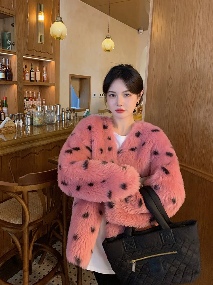 秋冬新作 スリーピンクカラー ブロ ポルカドット トスカーナウール シープスキン レディース ジャケット デコレーティブ ウォーム Vネック ロングスリーブ