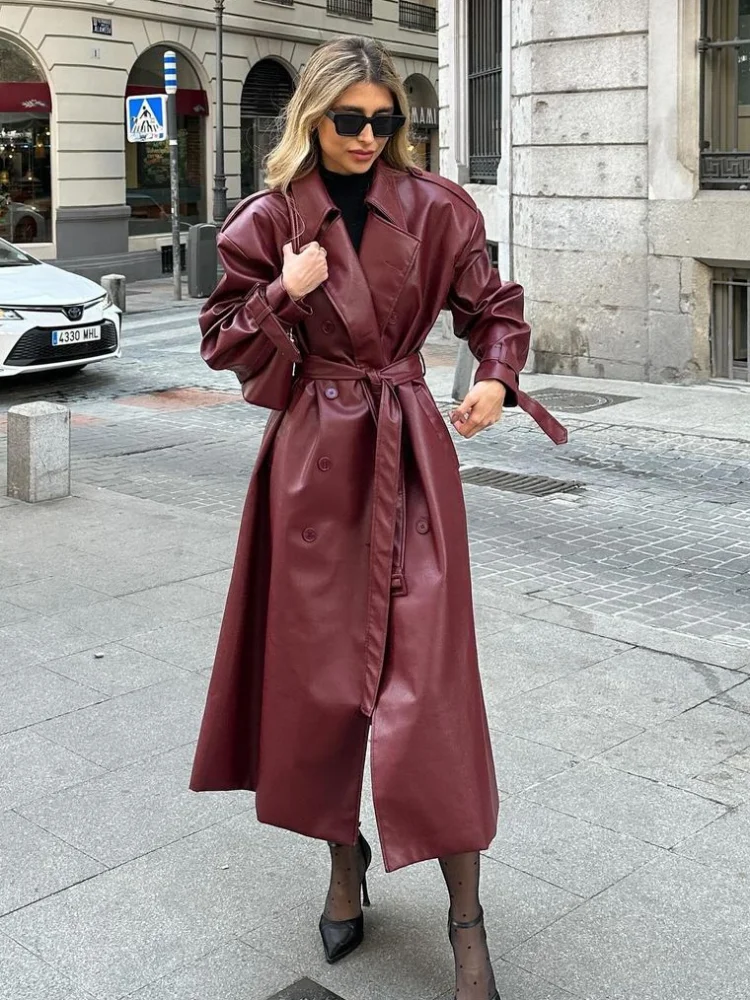 2024 Chic Burgundy Lace Up Oversized Leather Long Coats Women\'s Elegant Double Breasted Luxury Solid Jackets Lady Chic Outerwear