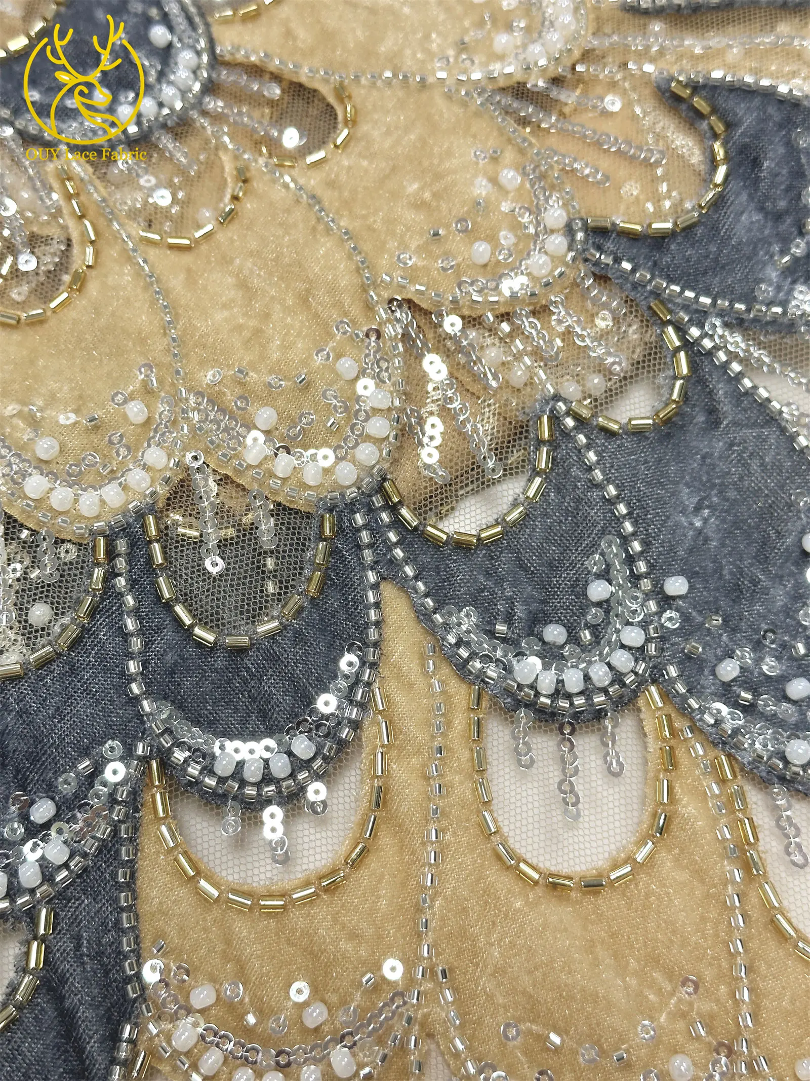 Marineblauer nigerianischer DIY handgefertigter bestickter Samtstoff mit Perlen und Pailletten, afrikanischer Spitzenstoff für Abend- und Hochzeitskleider – Detail 16