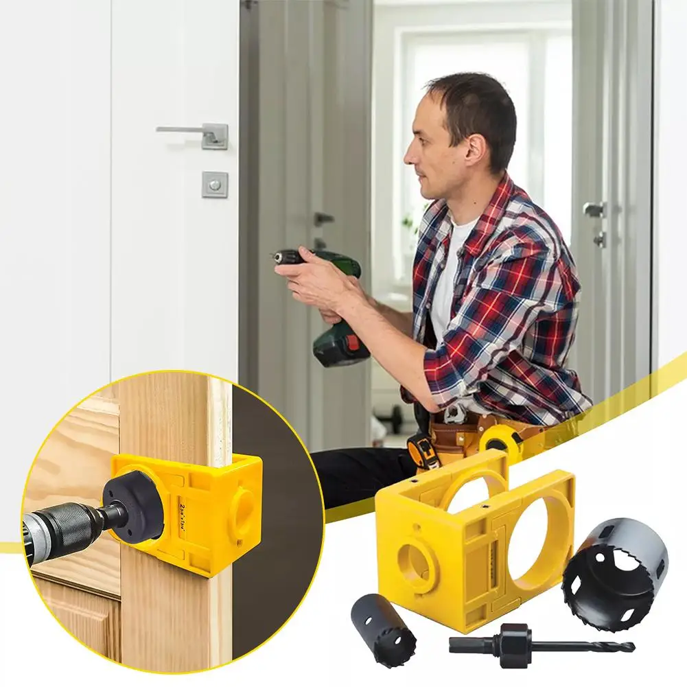 Conjunto de instalação de fechadura de porta de 1-3/8 "- 1-3/4" com modelo de guia, kit de serra de buraco de fechadura de porta para portas de madeira K1q4