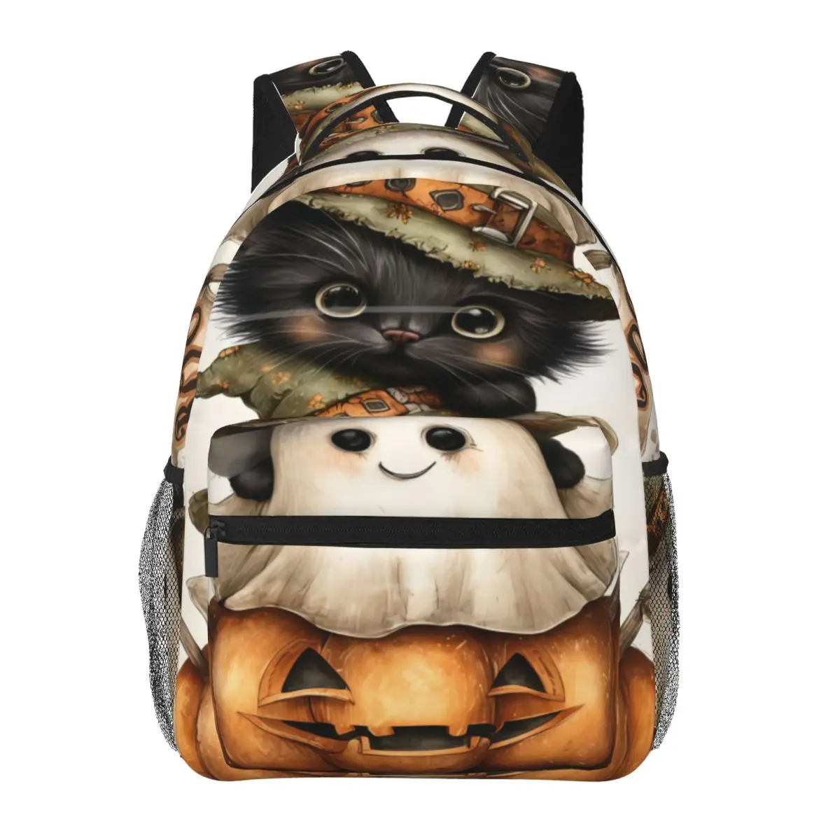 School Backpack Center Witch Kitten Ghost Pumpkin Boo Whimsical Halloween Watercolor Ora Seasonal Bookbag for Teens Costume Kids