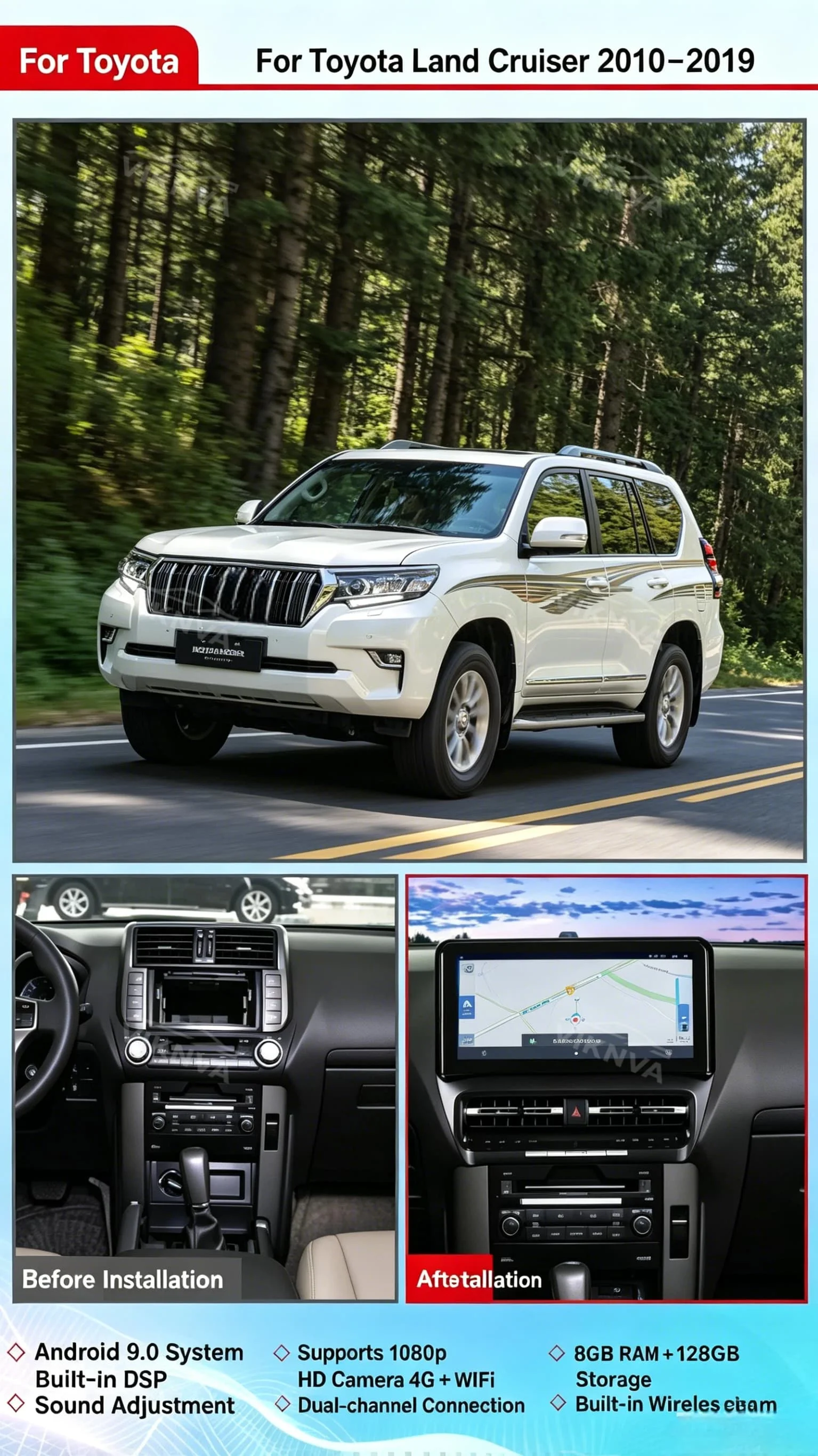 For Toyota Land Cruiser 2010-2019 12'' Touch Screen Android Car Radio Stereo Multimedia Player GPS Navigation Wireless Carplay