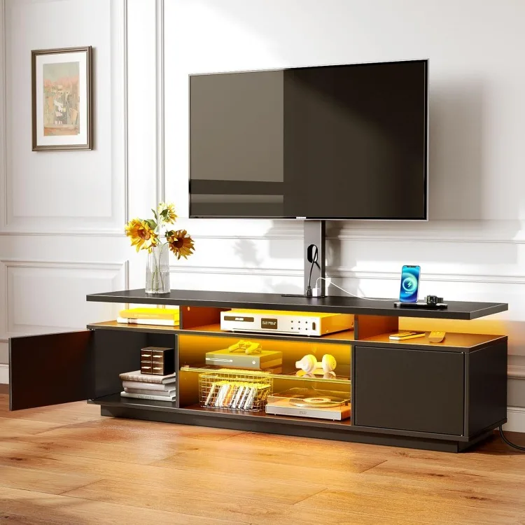 Altura ajustável TV Stand com montagem e tomada de alimentação, suporte giratório para 32 ", 45", 55 ", 60", 65 ", 70", moderno