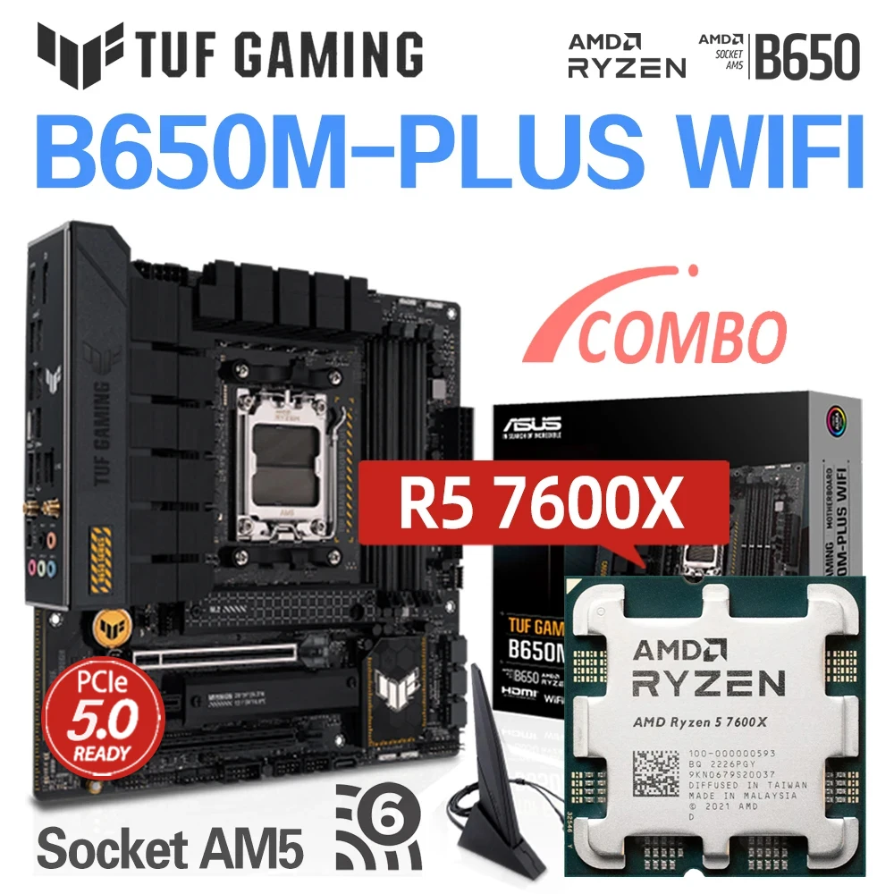 

R5 7600X Socket AM5 Cpu Set Asus TUF GAMING B650M PLUS WIFI Mainboard DDR5 Kit AM5 Support 7000 Series CPU AMD B650 PCIe 5.0 M.2