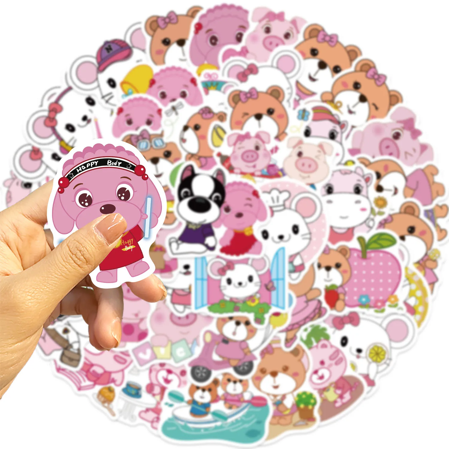 59PCS Fun Cartoon Pink Animal Graffiti Stickers Scrapbooking Collage Material Phone Cases Guitar Notebooks DIY Decorative