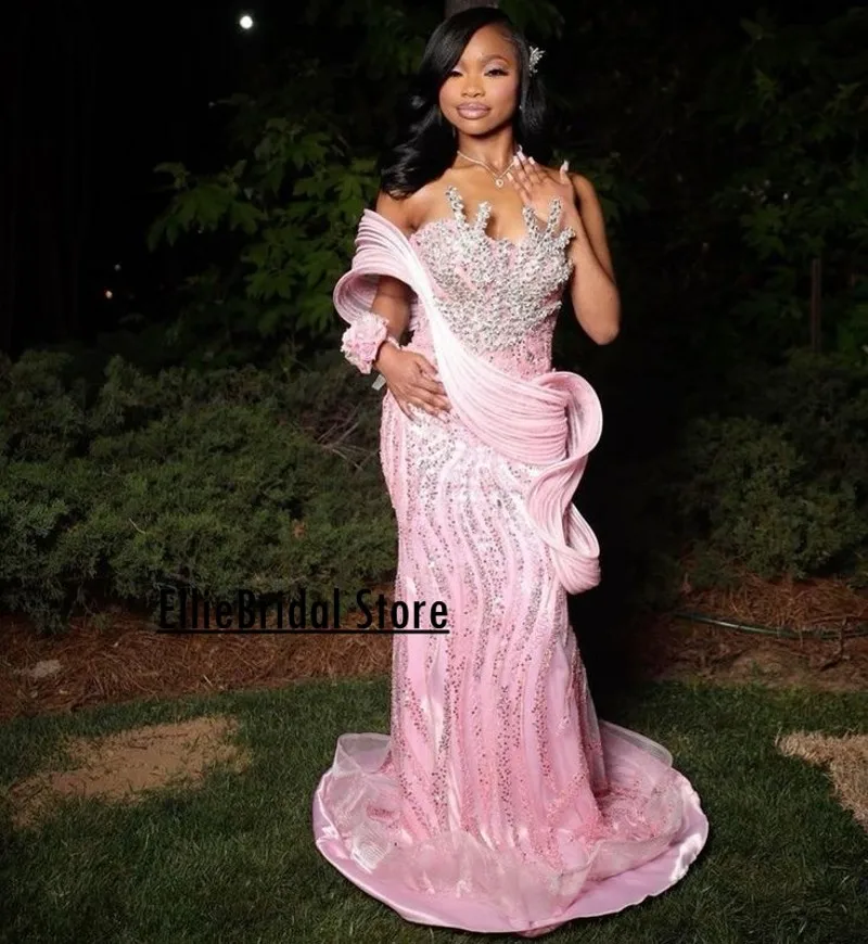 Pink Prom Dresses 2025 For Black Girls Sequin Beading Mermaid Party Gowns Crystal African Women vestidos de festas Customized image 2