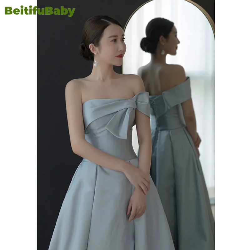 BeitifuBaby-vestido Formal de satén con hombros descubiertos para mujer, traje elegante sin mangas para banquete, estilo francés