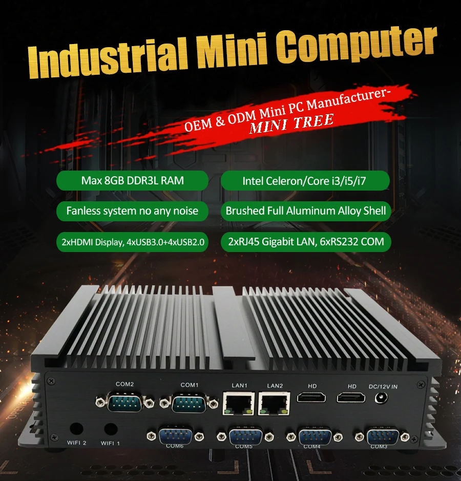 Mini computer industriale incorporato Core i5 4200U I7 4500U 6xRs232 Porte seriali Rs485 Doppio 2.5G 2xHD Win10 Mini PC senza ventola 4G LTE